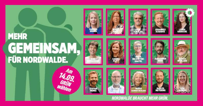 Bild zur Kommunalwahl Darstellung aller Kandidaten in kleinen Bildern. Slogan vor zwei sich nahe stehenden Menschen: Mehr gemeinesam, für Nordwalde