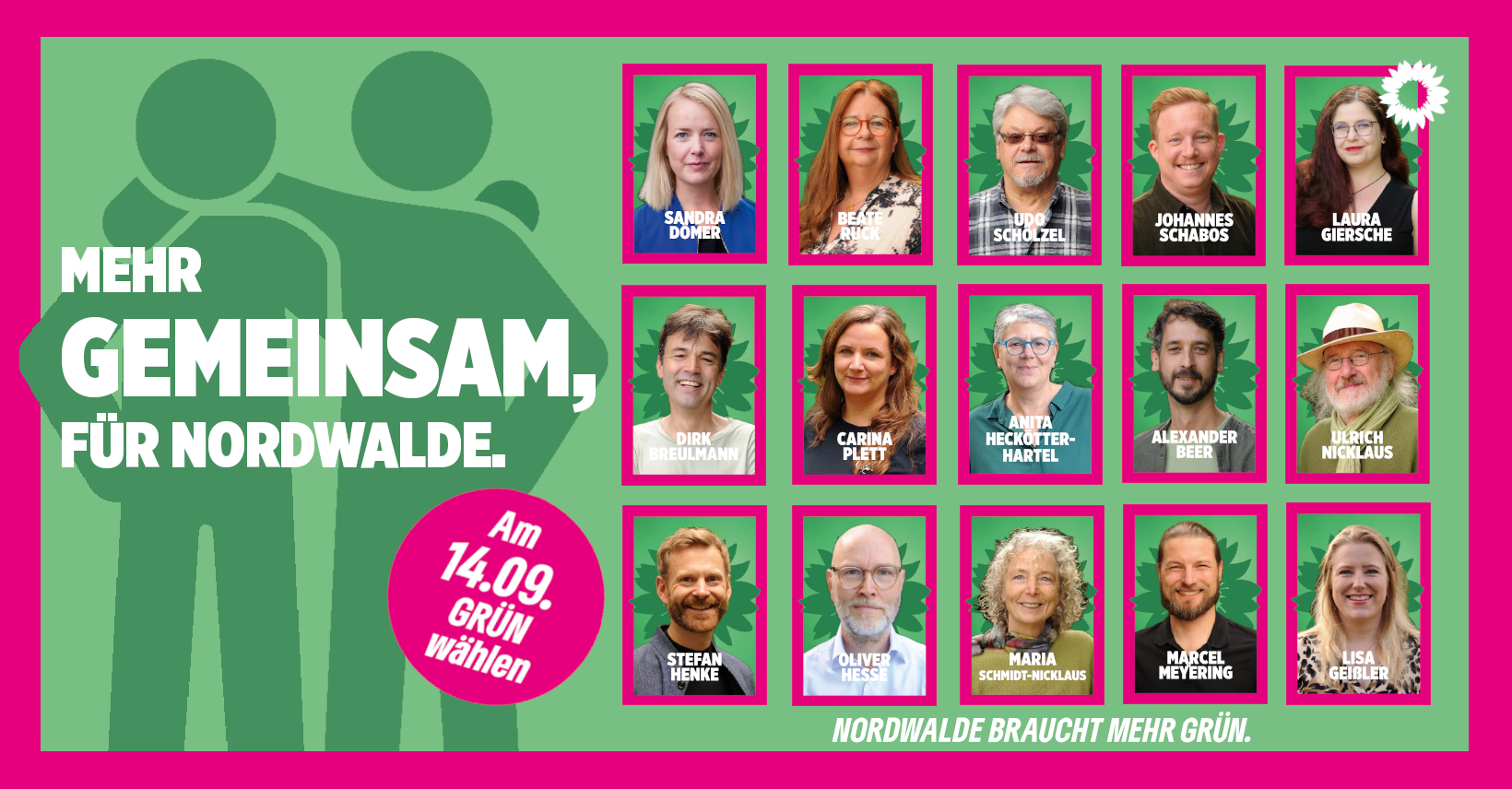 Bild zur Kommunalwahl Darstellung aller Kandidaten in kleinen Bildern. Slogan vor zwei sich nahe stehenden Menschen: Mehr gemeinesam, für Nordwalde
